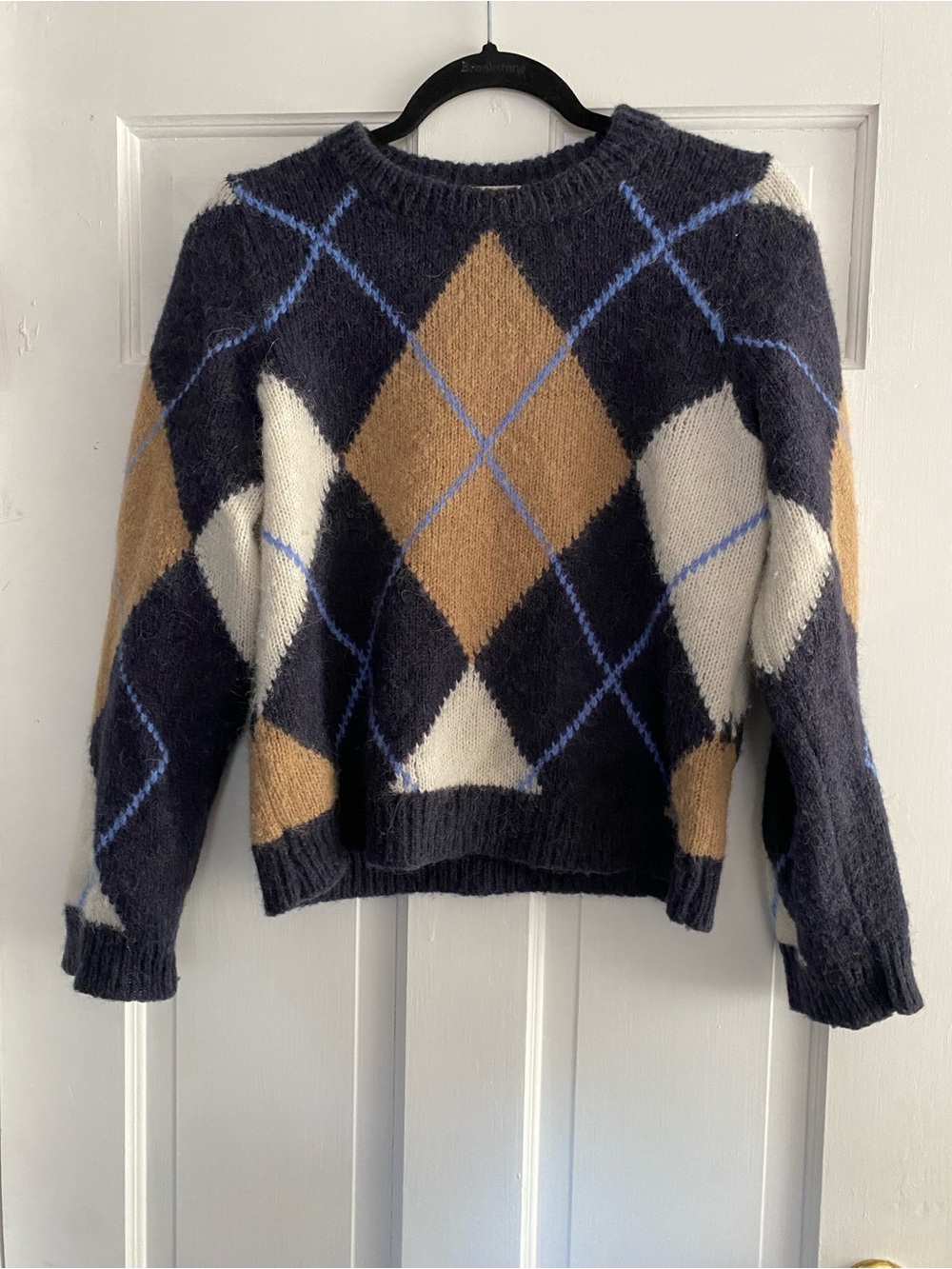 Sezane Navy, Camel & Cream Argyle Crewneck Sweater